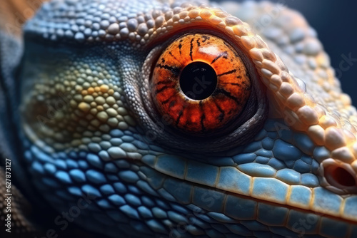 A close-up Macro photography image of the open eye detail of an iguana or lizard.