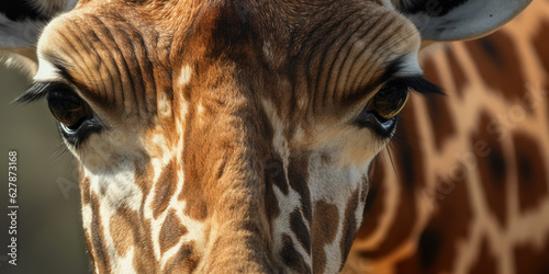 Portrait of a beautiful African Giraffe in close-up Macro photography on dark background. 