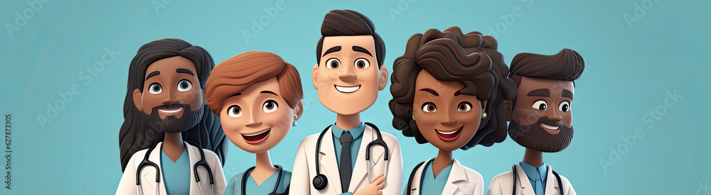 Cartoon character doctors, international team of healthcare professionals isolated on blue background. Medical colleagues hospital staff, generative ai Cartoon character doctors, international team of healthcare professionals isolated on blue background. Medical colleagues hospital staff, generative ai