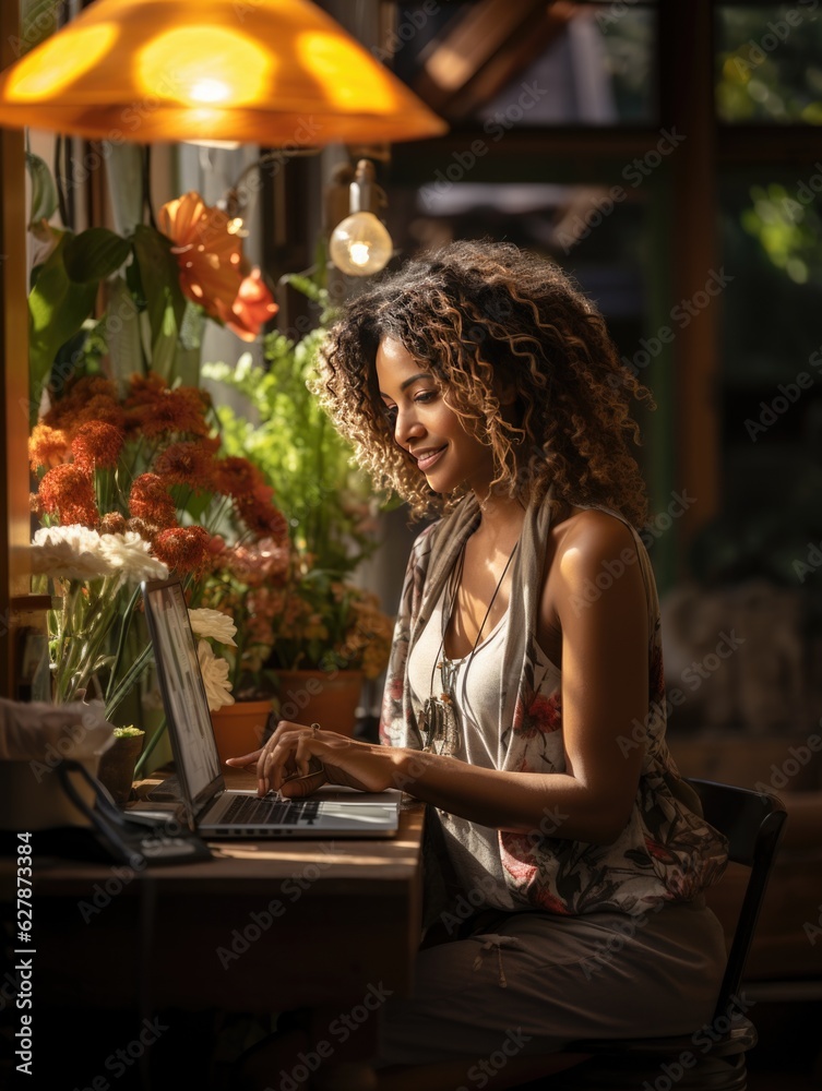 Focused woman working on laptop in cafe Focused woman working on laptop in cafe