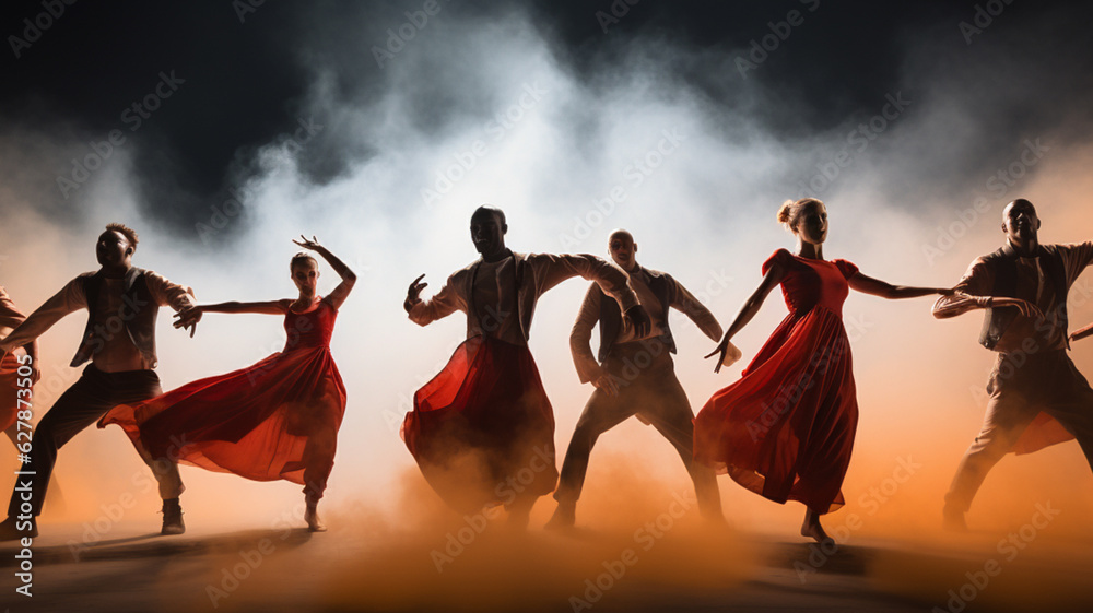 Dancers on podium with smoke dancing at musical event - obrazy, fototapety, plakaty 