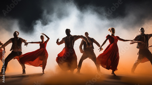 Dancers on podium with smoke dancing at musical event