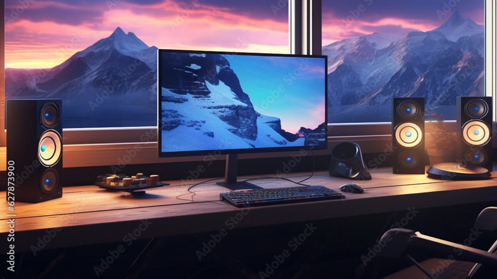 Fototapeta premium Gaming room with computer and wide monitor screen colorful neon lights, setup for e-sports