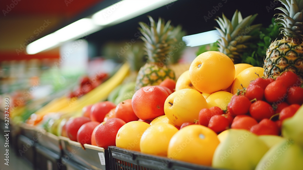 Fresh colorful fruits mix in basket on shelf in market or supermarket