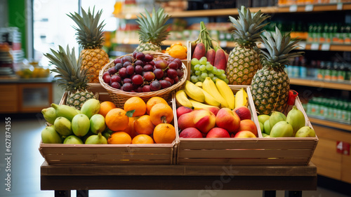 Fresh colorful fruits mix in basket on shelf in market or supermarket