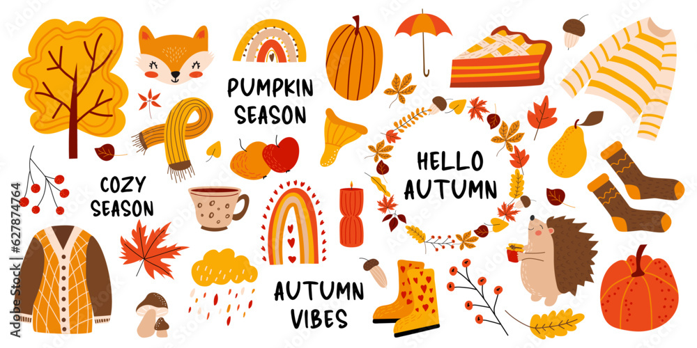 Vector set of fall elements. Autumn season. Leaves, acorns, sweater, scarf, pumpkins, boots, hedgehog, pie, rainbow, inscription. Collection of fall elements for scrapbooking. Beautiful poster, banner
