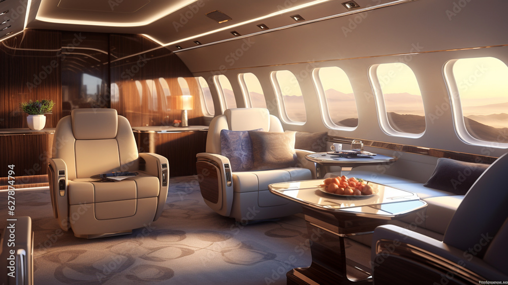 Luxury private jet indoor interior, seats and table, millionaire rich lifestyle