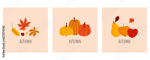 Vector set of fall greeting cards with pumpkins, leaves, fruits. Greeting card, poster, template. Autumn mood. Thanksgiving invitation. Minimalist postcard with autumn theme. Hand-drawn style.