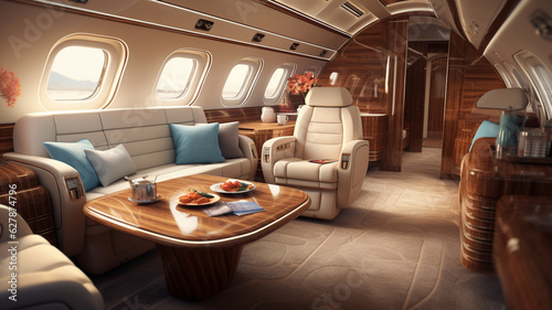 Luxury private jet indoor interior, seats and table, millionaire rich lifestyle © Artofinnovation