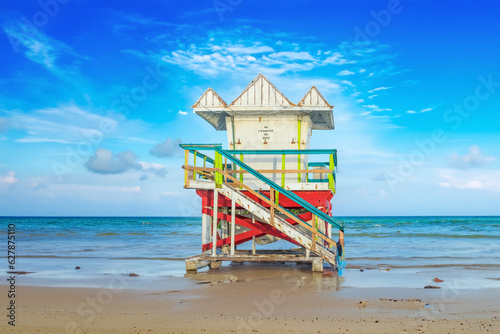 life guard tower at south beach in miami beach at ocean drive, miami, USA © travelview