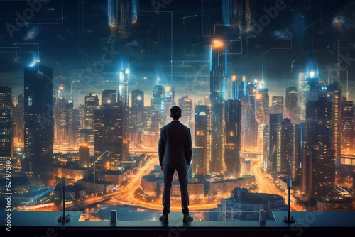 A person standing with his back to the viewer looks at the panorama of a huge fantastic metropolis with dreams of the future. Generative AI.
