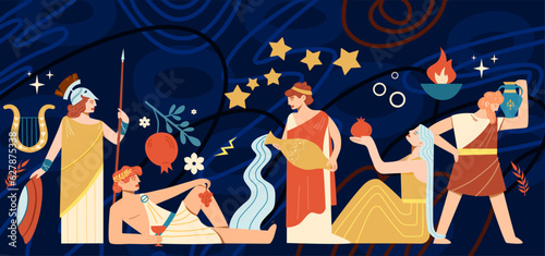 Ancient Greek culture. Greek or Roman men and women. People in togas in different poses.