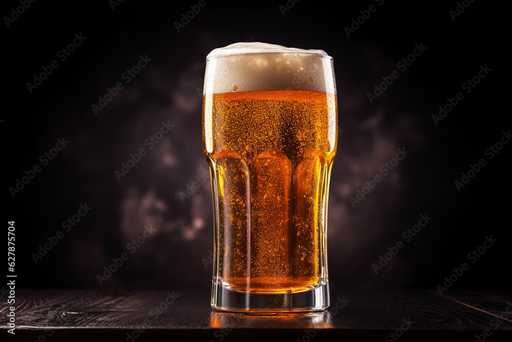 Glass of fresh and cold beer on dark background 