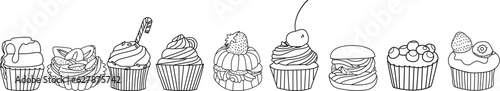 A set of various cakes, muffins and cupcakes offline. Minimalism, one continuous line, sketch, drawing. Symbol, emblem, logo, packaging design element, labels.