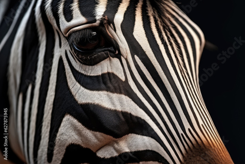 Portrait of a beautiful African Zebra in close-up Macro photography on dark background. 