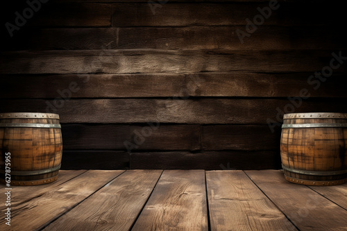 Foto background of barrel and worn old table of wood