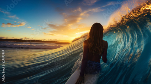 surfer woman inside a beautiful blue wave of water at sunrise with blurred background