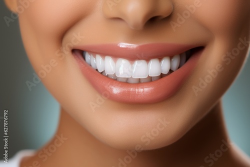 Perfect white healthy teeth of a smiling woman close-up. Portrait with selective focus and copy space