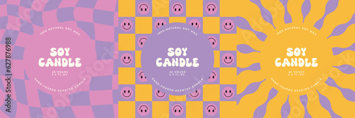 Soy candle vector label design templates with groovy flowers background