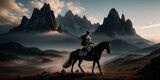 a woman with armor riding a horse in a mountainous  area and a sky filled with clouds, epic fantasy character art