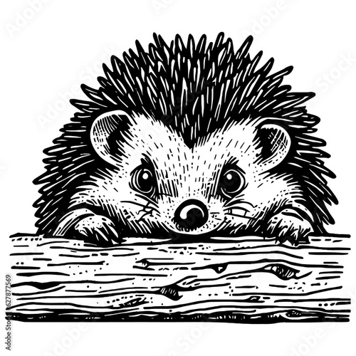 cute hedgehog peering out from behind a wood illustration
