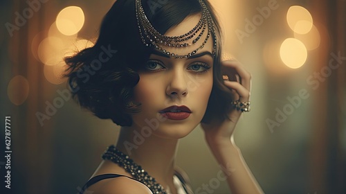 Beauty in the Details: Elegant Young Woman Dressed in Vintage Retro 20s Art Deco Style: Generative AI