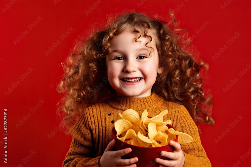 Smiling Little Girl Enjoying Crunchy Potato Chips on a Red Background. Snacking with Joy and Happiness: Generative AI Smiling Little Girl Enjoying Crunchy Potato Chips on a Red Background. Snacking with Joy and Happiness: Generative AI