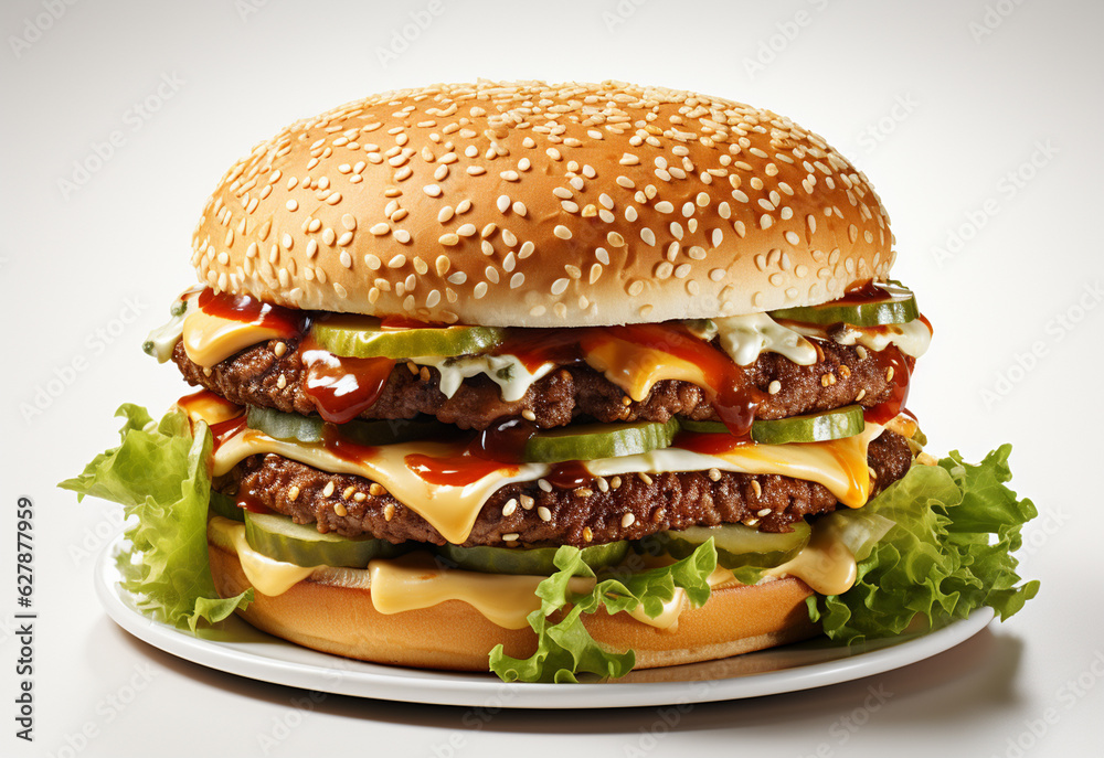 Double hamburger isolated on white background Fresh burger fast food with beef and cream cheese realistic image, ultra hd, high design very detailed Double hamburger isolated on white background Fresh burger fast food with beef and cream cheese realistic image, ultra hd, high design very detailed