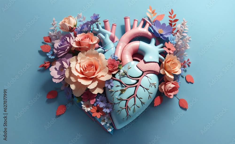 A cute human heart with flowers, Generative AI Illustration.