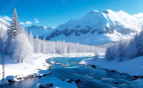Beautiful snow mountain with river, Generative AI Illustration. © Creative_Bringer