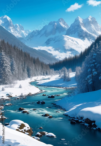 Beautiful snow mountain with river, Generative AI Illustration.