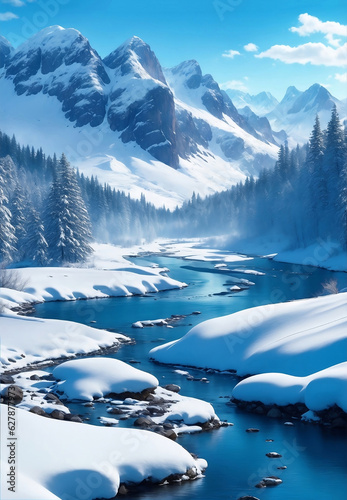 Beautiful snow mountain with river, Generative AI Illustration.