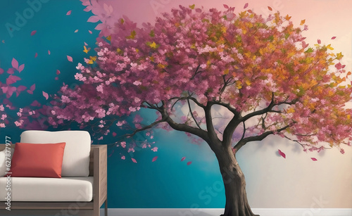 A beautiful tree inside house with furniture, Generative AI Illustration.