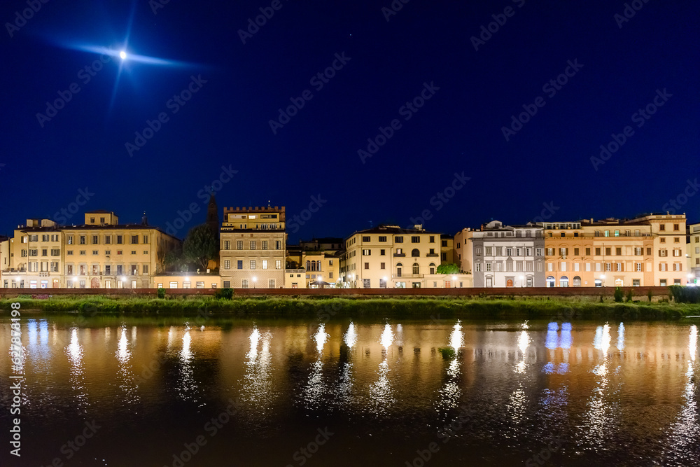 Florence, Italy - June 28, 2023: Florence, Italy on the Arno River at night