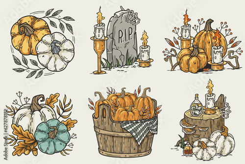 Halloween set of october designs for autumn backgrounds, banners and postcards. Collection with candles, pumpkins and tombstone for Halloween party and mystery night