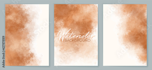 Modern watercolor background, banner or elegant card design for birthday invite, wedding or menu with abstract brown ink splashes. Collection of covers. Vector illustration.