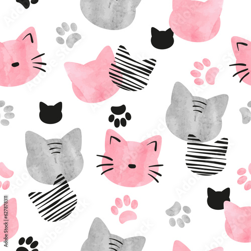 Cute cat faces pattern. Seamless watercolor vector illustration. Baby print