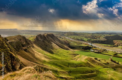The steep ridge Te Mata Peak just outside Havelock North in the Hawkes bay with lush farmland in the Tuki Tuki valley below