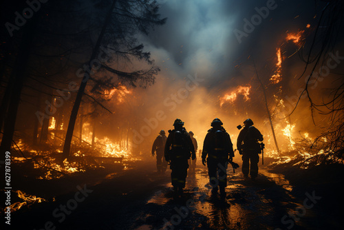 Fotografia Forest fire in the dark, firefighters on duty, battling the blaze Generative AI