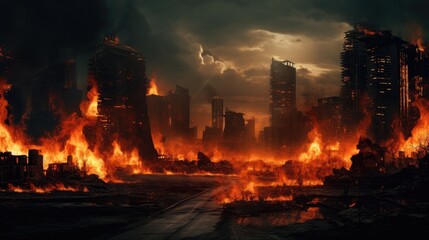 Empty street of burnt up city. Apocalyptic view of city downtown as disaster film poster concept. City destroyed by war