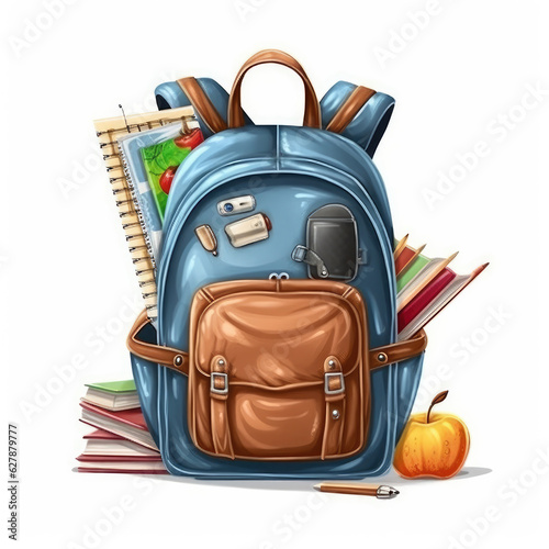 Illustration of a school backpack with pencils, textbooks and apples on a white background in a cartoon style