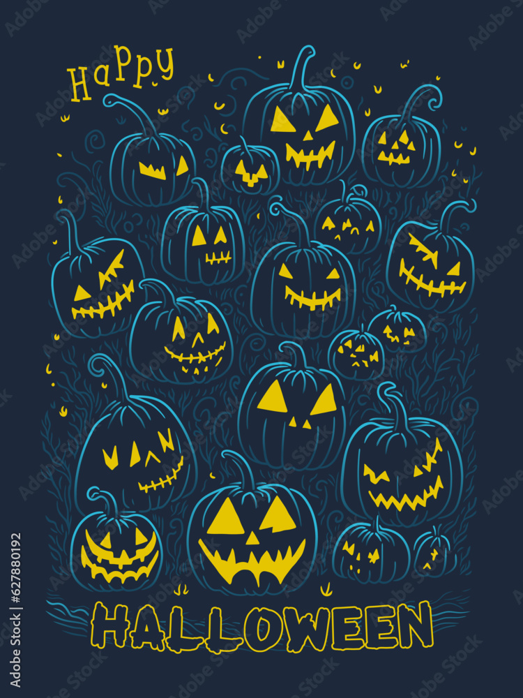 Happy Halloween Day pumpkins doodle line illustration