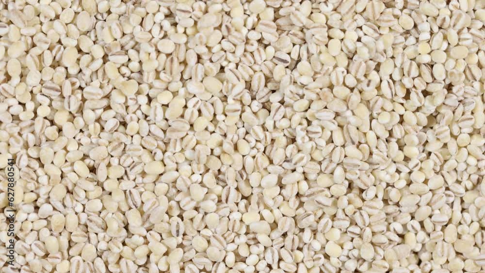 Close up uncooked dehydrated barley pearls clockwise spinning Close up uncooked dehydrated barley pearls clockwise spinning