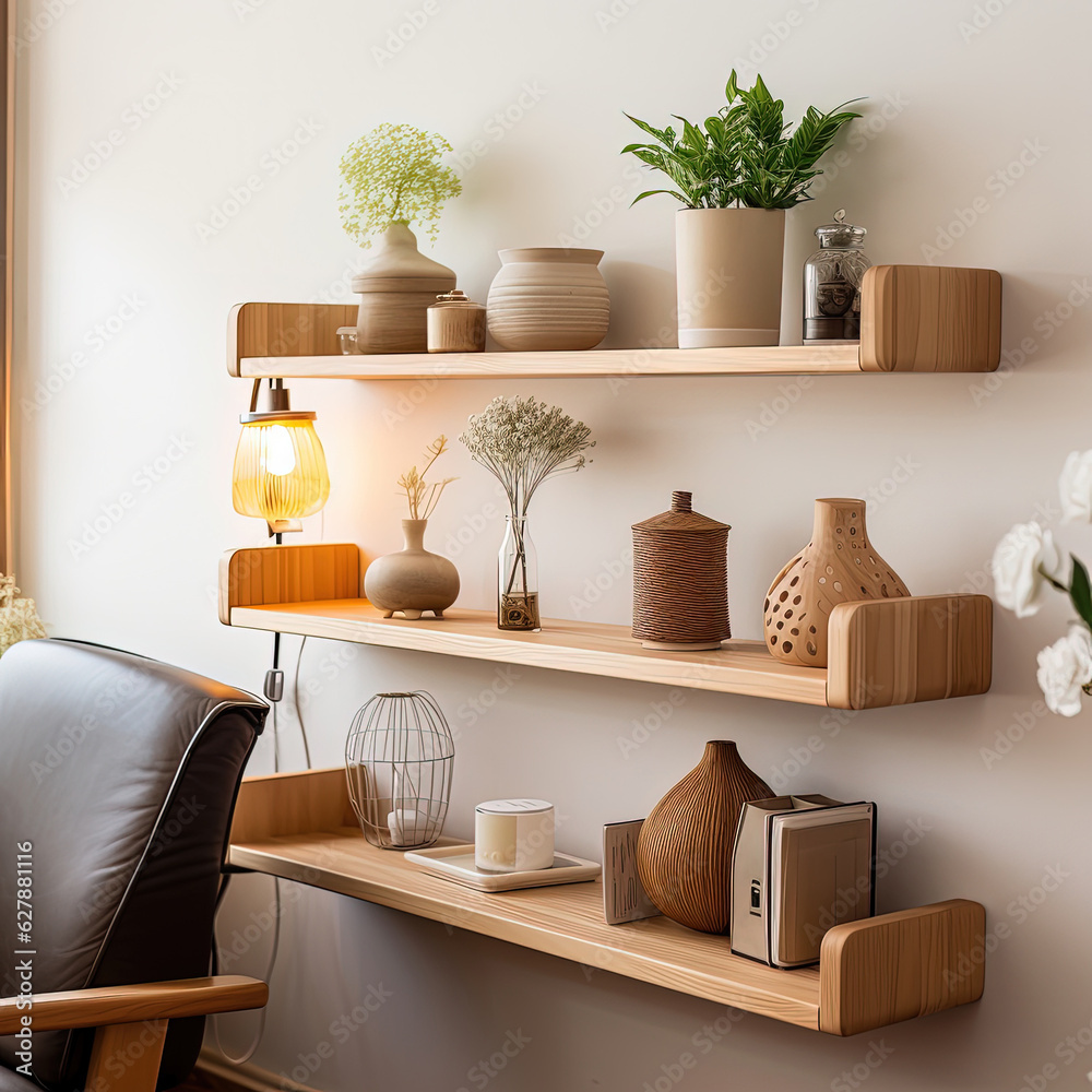 Modern decorative objects on shelves illustration made with Generative AI 