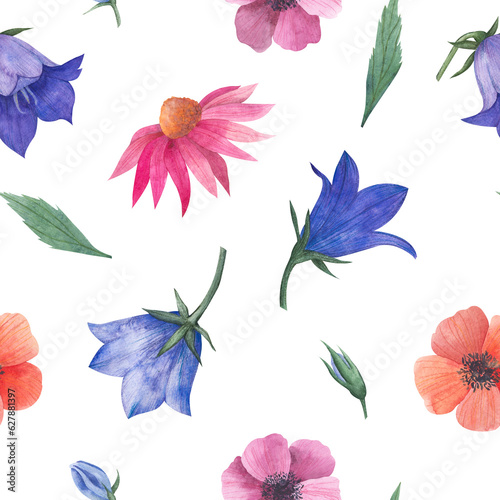 Watercolor seamless pattern with floral wildflowers, bluebell buds, anemones, cosmea flower, echinacea for textile or wallpapers, illustration in provence style. © nadia.art.design