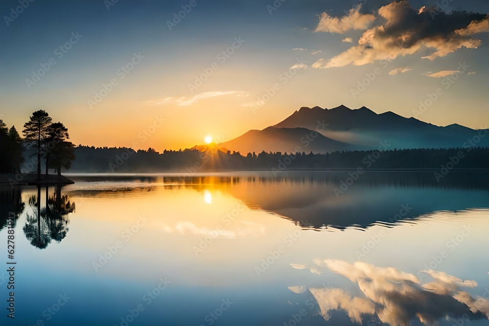 Sunrise with a beautiful morning over the lake surrounded with the mountains