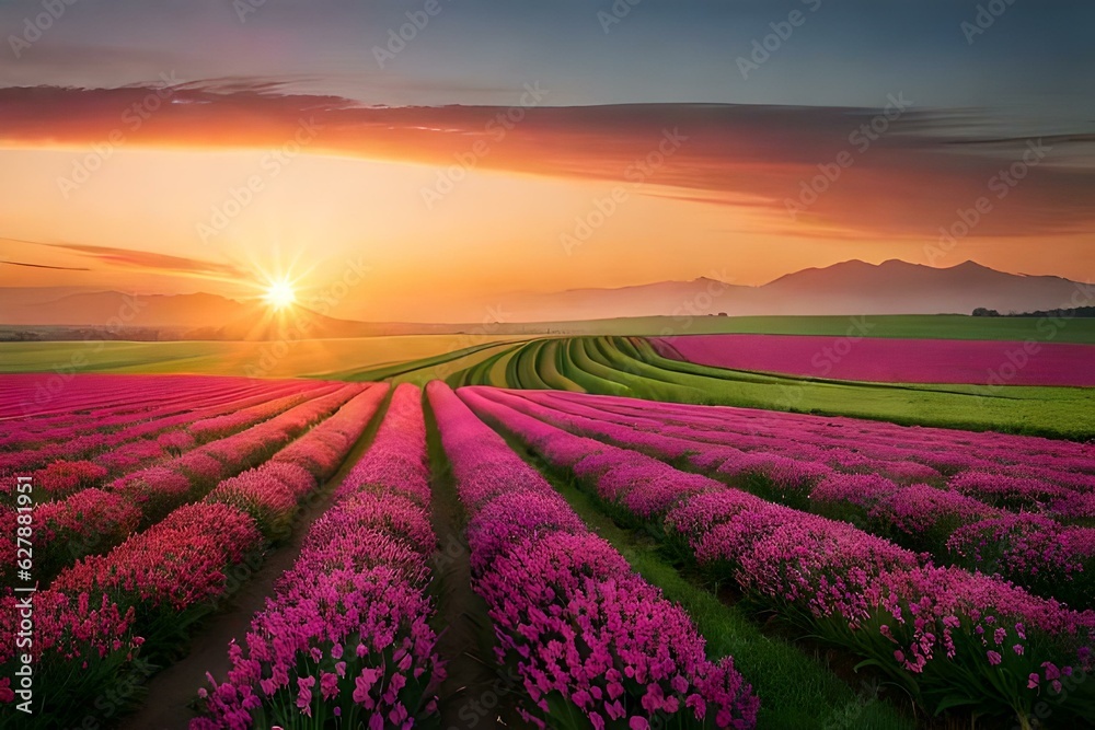 sunset over the field, lavender field at sunrise