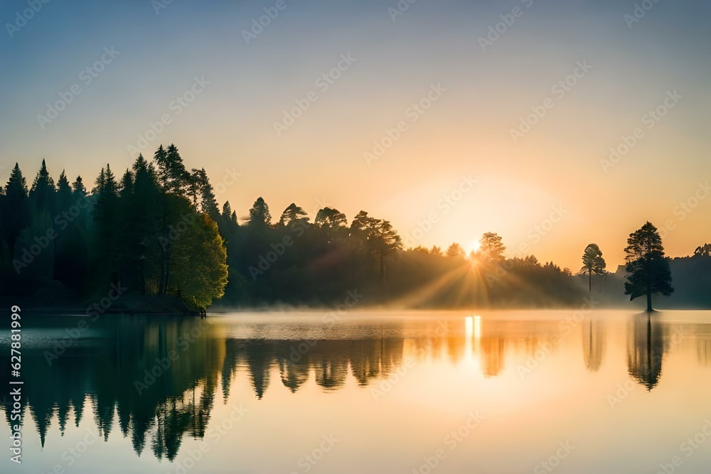 Sunrise with a beautiful moring over the lake surrounded with the mountains 