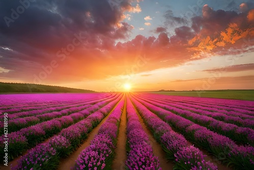 sunset over the field, lavender field at sunrise