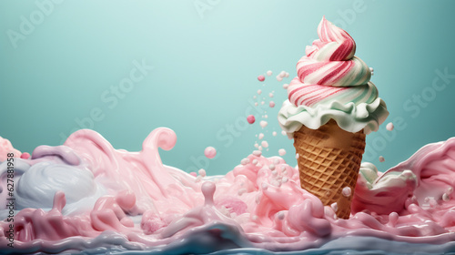Rainbow Hombre Soft Serve Ice Cream with Waffle Cone - Pastel Color Tone - Generative AI photo